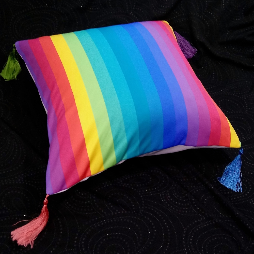 18" Rainbow Tassle Pillow Cover Reversible